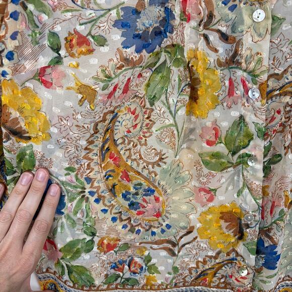 Fig and Flower Boho Paisley Blouse 3/4 sleeve swiss dot button front semi sheer - Picture 3 of 11